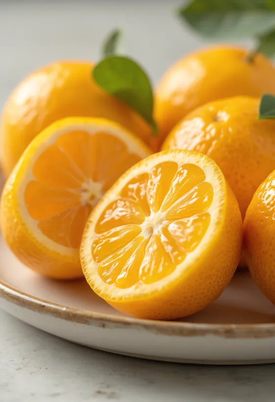 Kumquats entiers et en rondelles sur bois, agrumes oranges