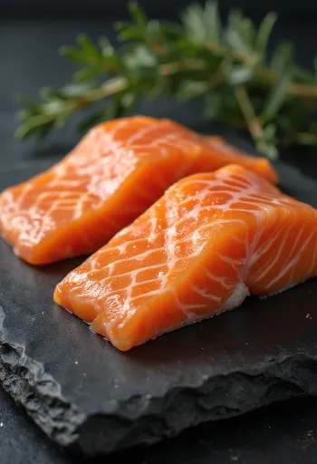 Pavés de saumon frais avec citron, aneth et poivre sur bois