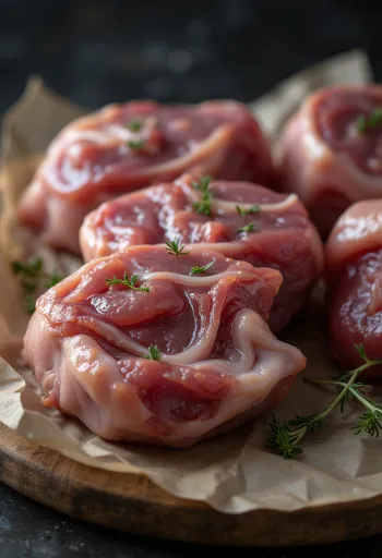 Morceaux de viande d'oie fraîche avec sauge et ail sur bois