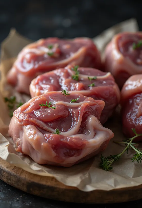 Morceaux de viande d'oie fraîche avec sauge et ail sur bois