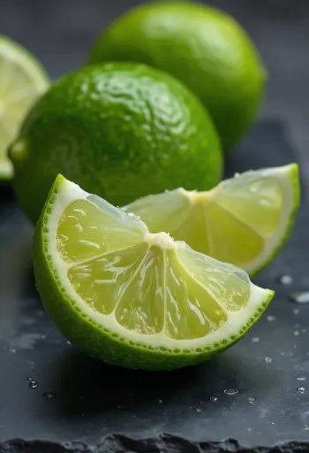 Citrons verts frais entiers et coupés sur table en bois avec verre d'eau