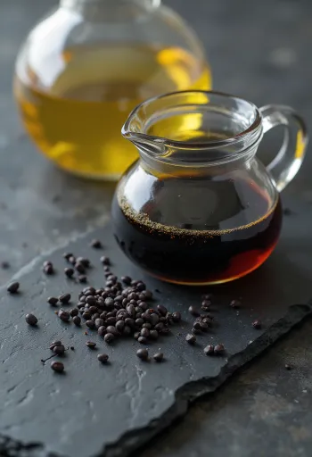 Bouteille d'huile d'oeillette et graines de pavot bleu