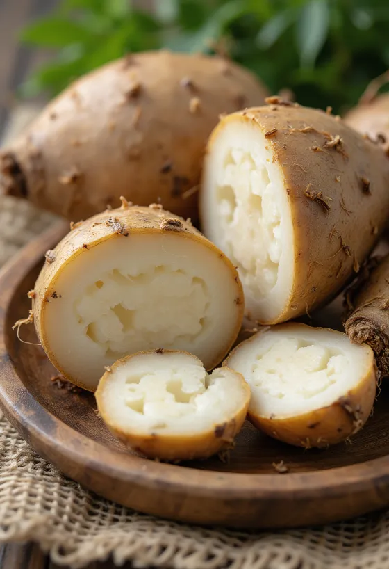 Racine de malanga (chou caraïbe) entière et coupée, texture brute.