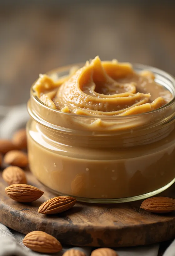 Pot de purée d'amande crémeuse avec cuillère