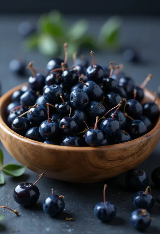 Baies de Maqui fraîches violettes entières et coupées