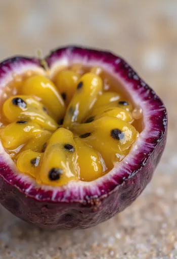 Fruit de la passion coupé montrant la pulpe jaune et graines noires