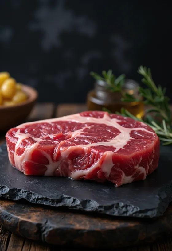 Morceaux de bœuf frais assaisonnés sur planche à découper en bois