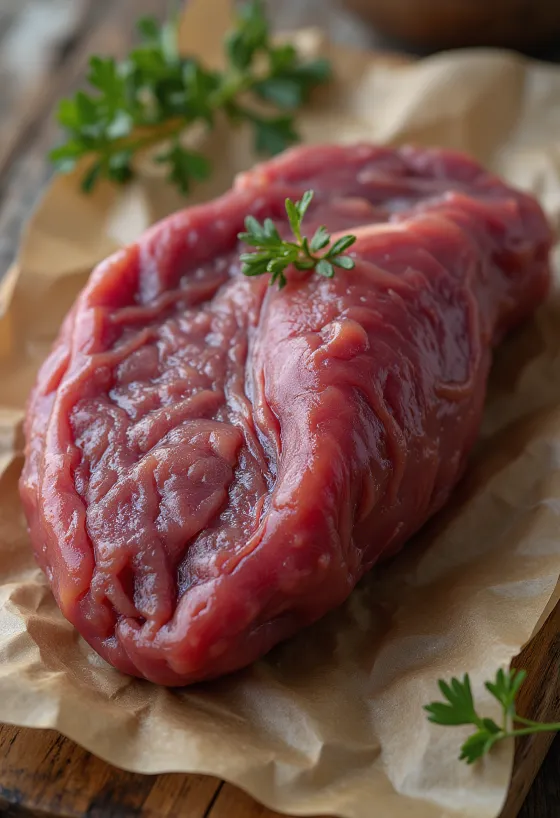 Tranches de foie de bœuf cru sur planche en bois