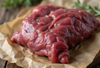 Tranches de foie de bœuf cru sur planche en bois