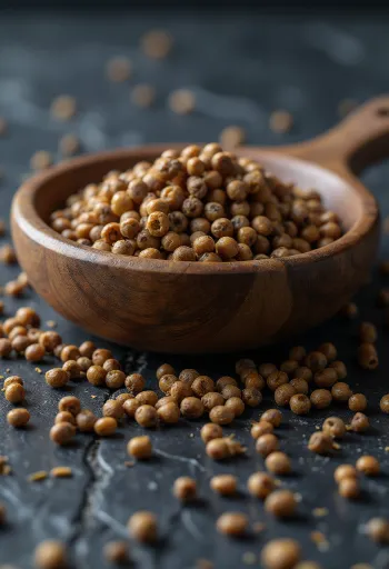 Graines de moutarde brune éparpillées sur bois