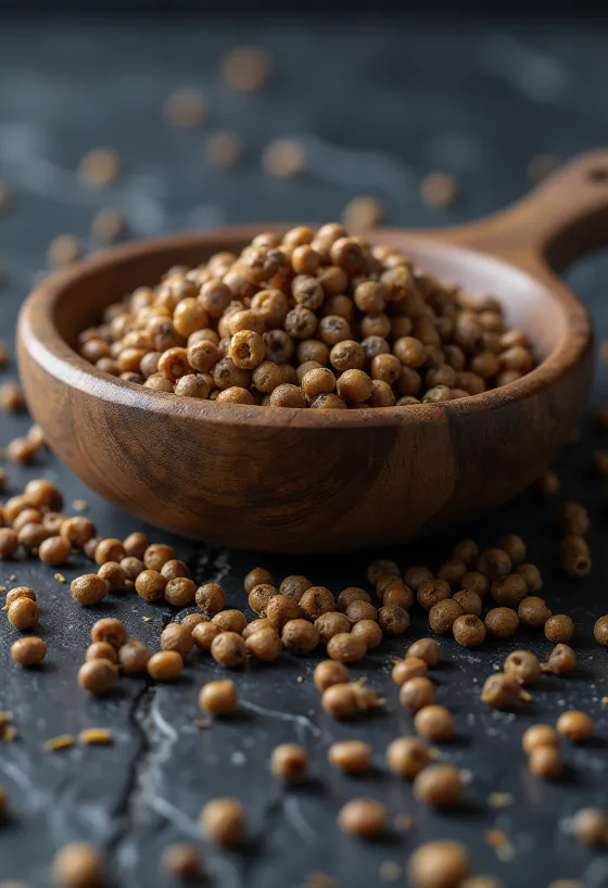 Graines de moutarde brune éparpillées sur bois