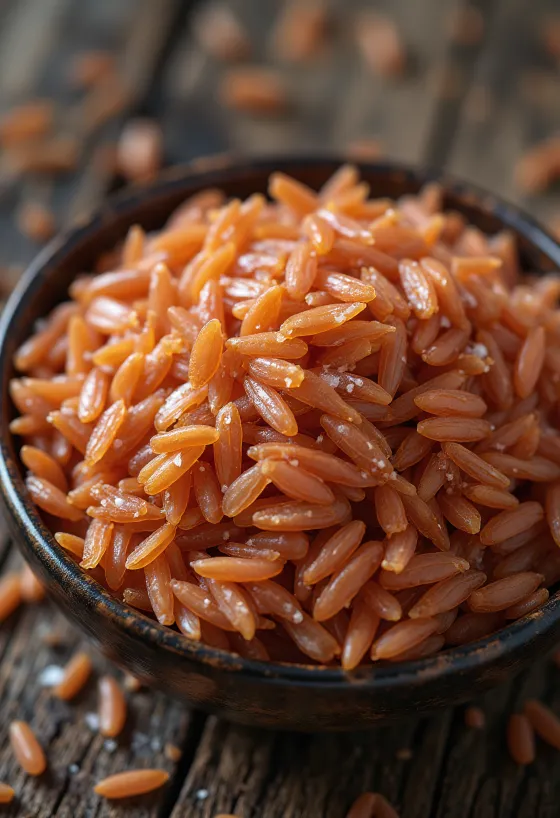 Grains de riz rouge du Bhoutan frais dans une assiette