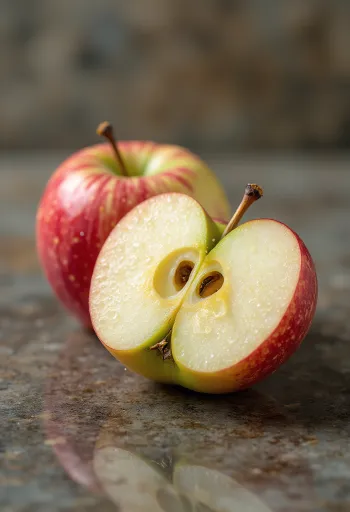 Pommes Braeburn fraîches entières et en quartiers sur une planche à découper