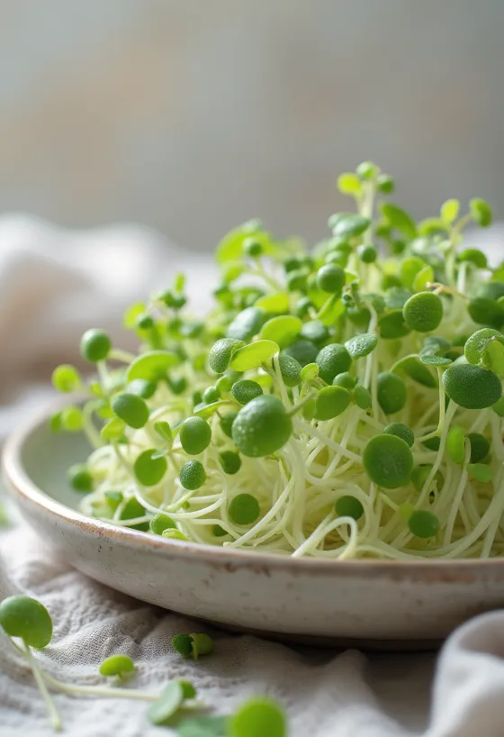 Pousses de chia fraîches présentées sur une assiette