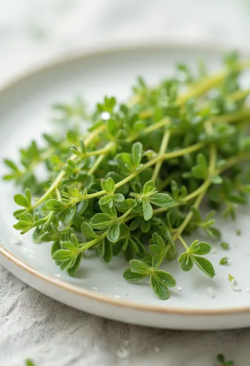 Branches de thym citron frais sur une assiette