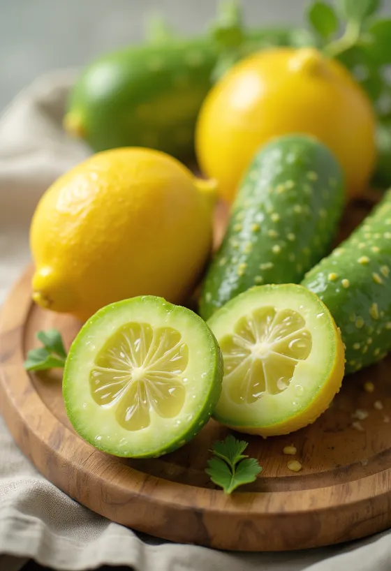 Tranches de concombre citron frais sur une planche à découper