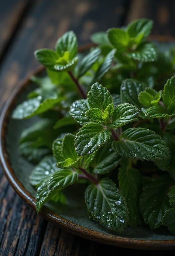 Feuilles de menthe chocolat fraîches disposées élégamment sur une assiette.