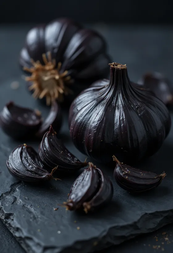 Gousses d'ail noir brillantes dans un bol artisanal