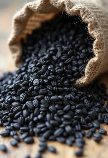 Riz noir en bocal en verre entouré de grains crus