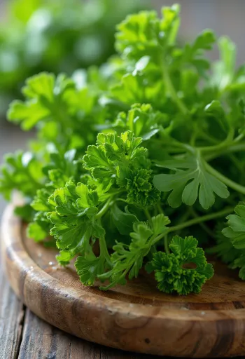 Bouquet de persil frisé frais sur une planche à découper