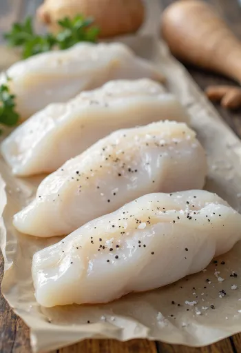 Filet d'aiglefin frais sur une planche à découper