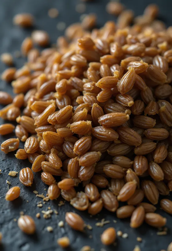 Grains d'orge torréfiés sur une planche à découper