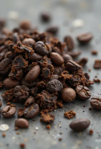 Grains de chicorée torréfiée sur une planche à découper