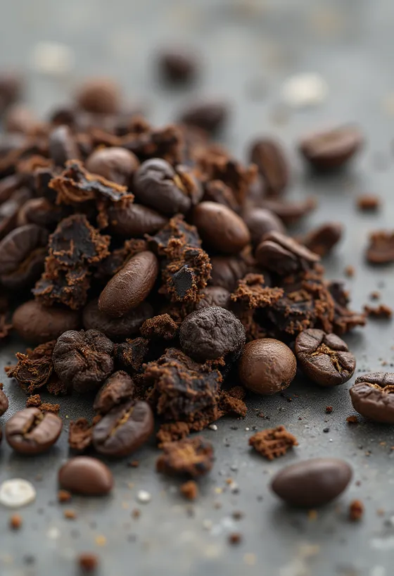 Grains de chicorée torréfiée sur une planche à découper