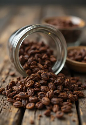 Grains de seigle torréfiés sur une planche à découper