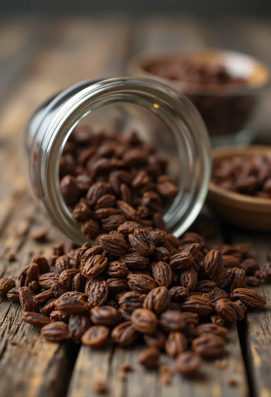 Grains de seigle torréfiés sur une planche à découper