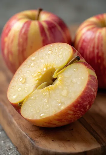 Pommes Gala rouges et jaunes fraîches sur planche