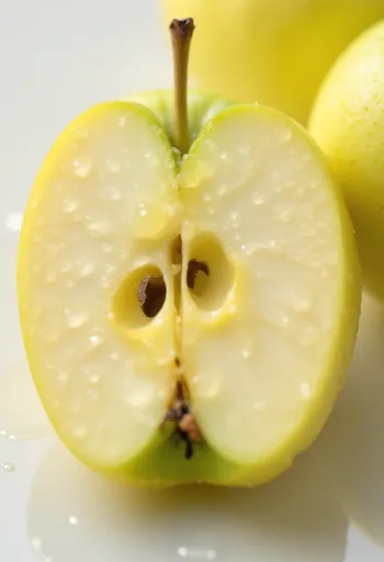 Pommes Golden Delicious fraîches entières et en quartiers sur une planche