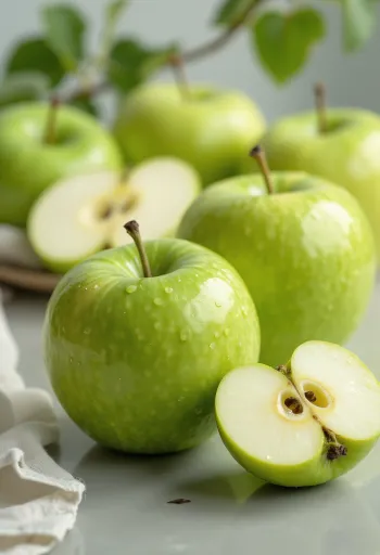 Pommes Granny Smith vert vif, entières et coupées sur bois