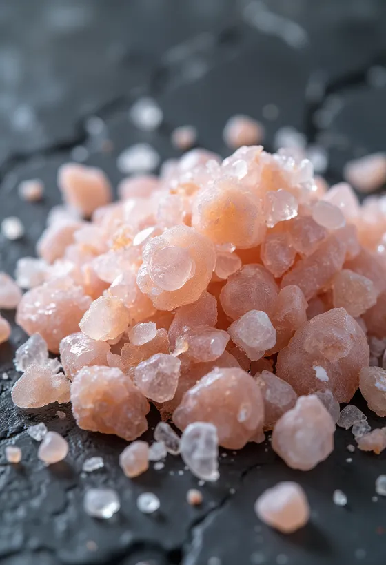Cristaux de sel rose de l'Himalaya dans un bocal et cuillère