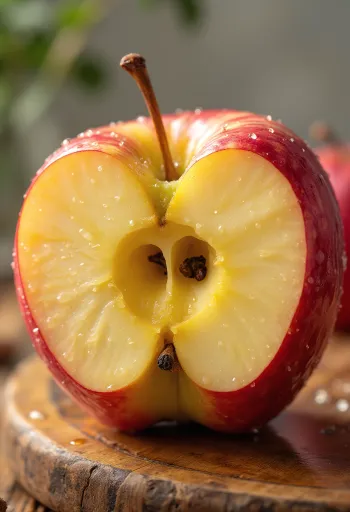 Pommes Honeycrisp fraîches, entières et tranchées sur planche
