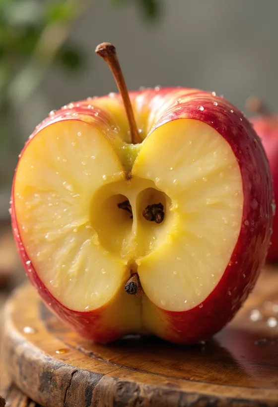 Pommes Honeycrisp fraîches, entières et tranchées sur planche