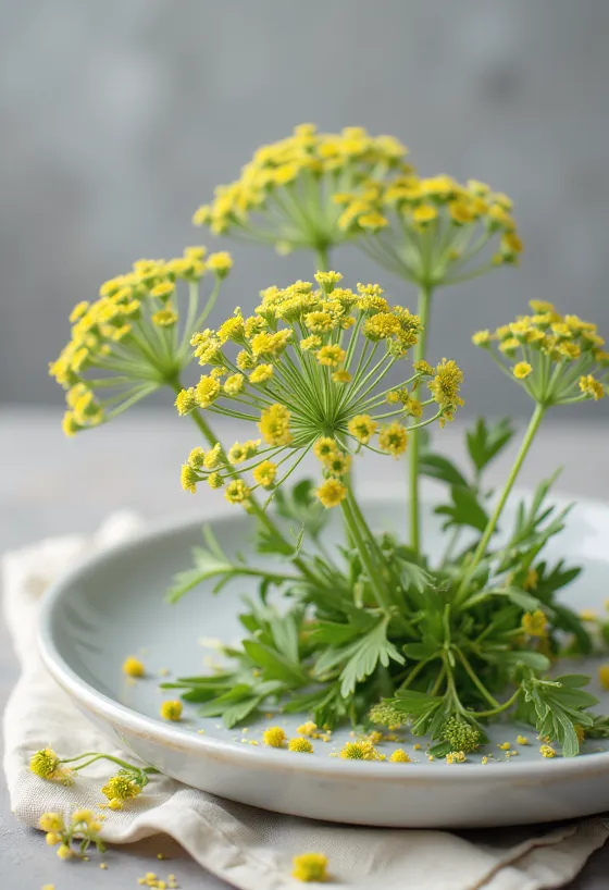 Ombelles de fleurs d'aneth fraîches sur une assiette