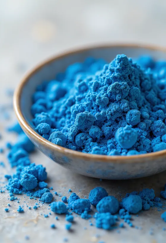 Poudre de spiruline bleue dans un flacon en verre, couleur vibrante