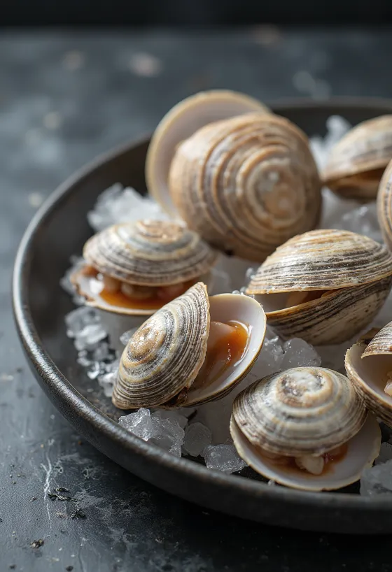 Palourdes Cherrystone fraîches ouvertes sur la glace