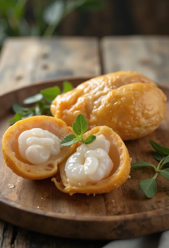 Quartiers de langsat frais et juteux présentés sur une planche à découper.