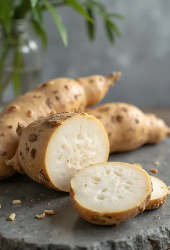 Tranches de racine de manioc fraîche sur une planche
