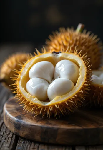 Segments de fruit marang blanc pur disposés sur une planche.
