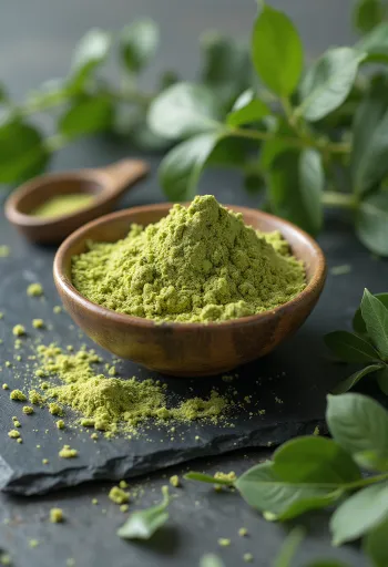 Poudre de moringa verte dans un pot en verre avec feuilles fraîches