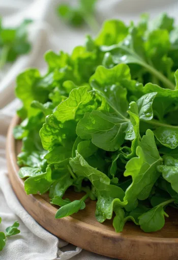 Feuilles de moutarde fraîches et perlées d'eau sur un plan de travail.
