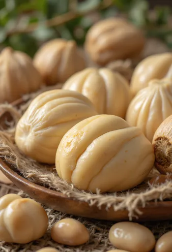 Noix de pili fraîches présentées sur un comptoir en bois naturel