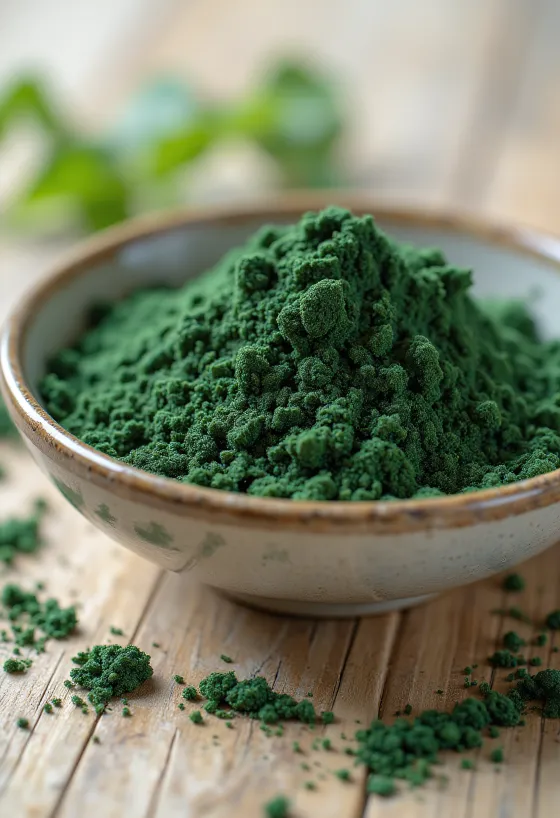 Poudre de spiruline en petit bocal, vert intense, entourée de comprimés de spiruline