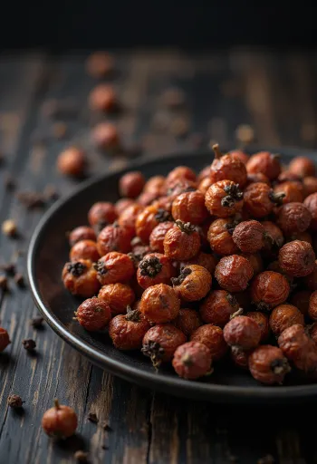 Grains de poivre de Sichuan ouverts sur un support en bois