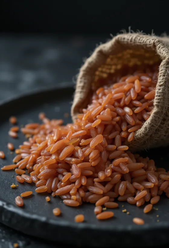 Grains de riz rouge Thaï Cargo frais dans une assiette