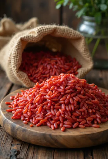 Riz rouge grains crus dans un bocal et éparpillés