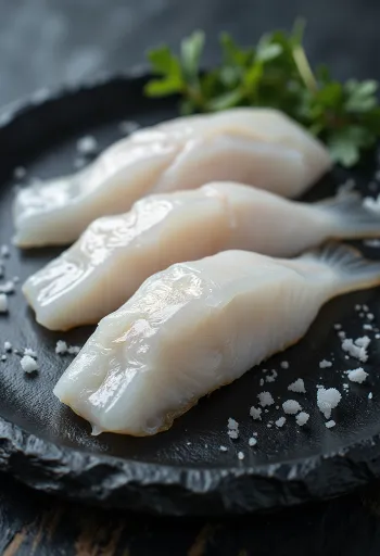 Filet de colin d'Alaska cru sur planche de cuisine